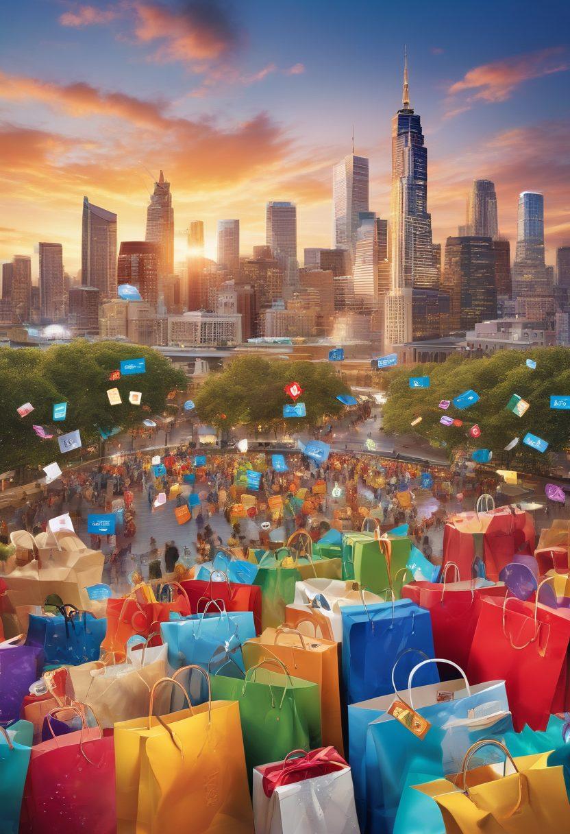 An inviting scene featuring a diverse group of happy people enjoying rewards from various loyalty programs, surrounded by branded gift cards, discount coupons, and shopping bags overflowing with products. In the backdrop, a vibrant city skyline represents opportunities, while a golden key symbolizes unlocking hidden benefits. Bright and engaging colors emphasize positivity and excitement. super-realistic. vibrant colors. white background.