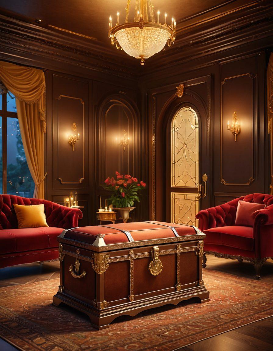 A mystical treasure chest overflowing with golden coins, exclusive club cards, and shiny rewards, set against a backdrop of a blurred, luxurious lounge ambiance. Incorporate symbols of exclusivity like a velvet rope and a key unlocking a secret door, representing membership access. Add warm and inviting lighting to evoke a sense of charm and mystery. super-realistic. vibrant colors. luxurious atmosphere.